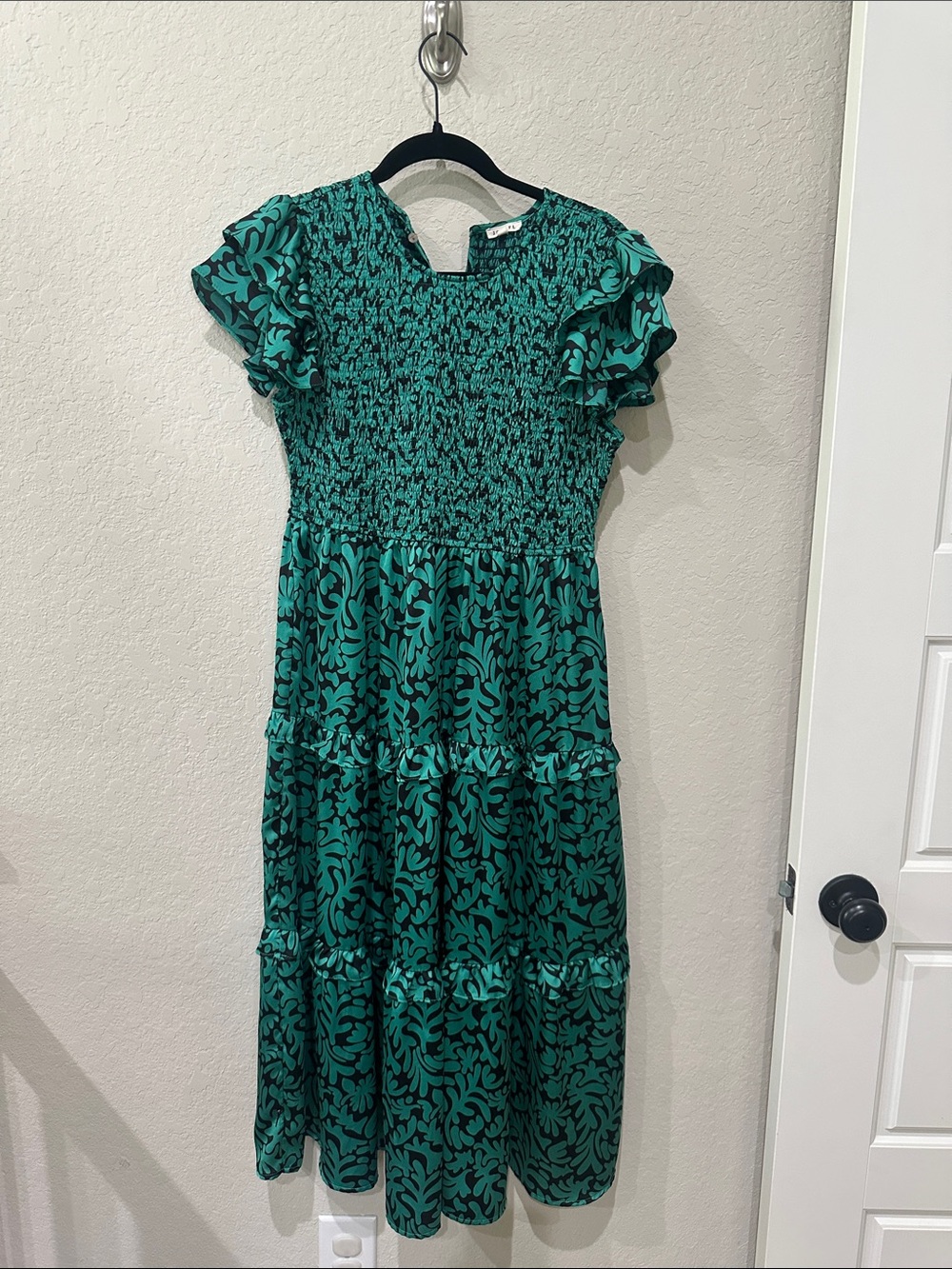 Emerald Green Smocked Tiered Midi Dress with Flutter Sleeves - maternity